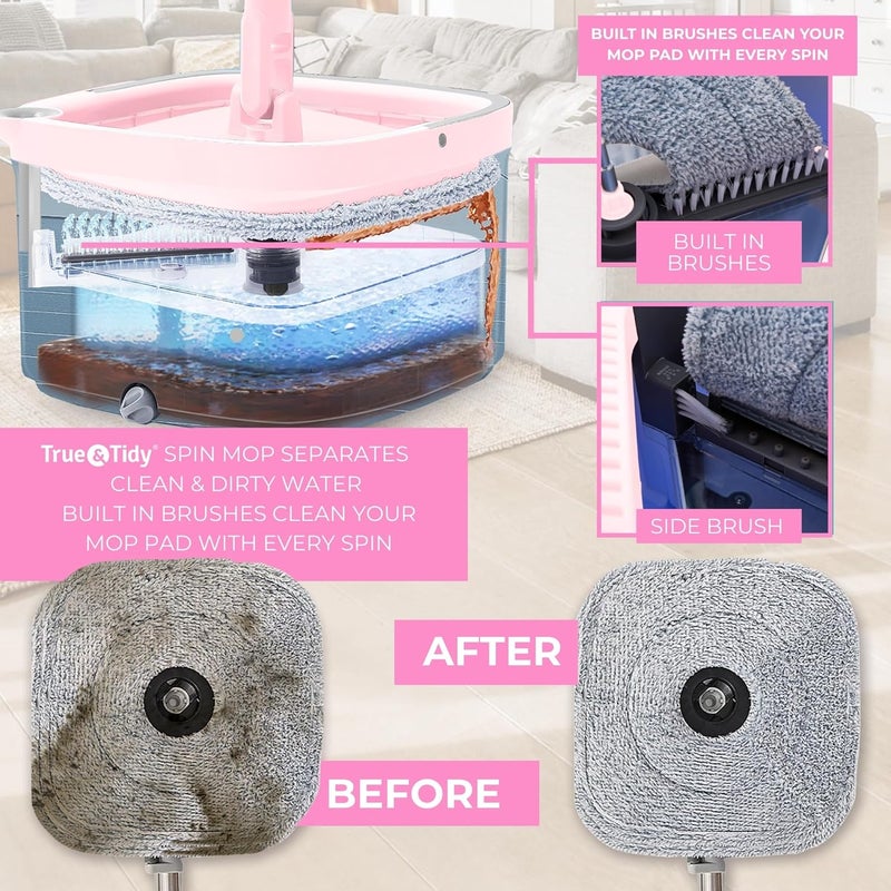 True & Tidy ممسحة دوارة مربعة ودلو ممسحة ذكية مع أقسام منفصلة للمياه النظيفة والوسخة، نسخة مطورة 2025 مع فرشاة جانبية ومقبض قائم بذاته، وردي - Image 2